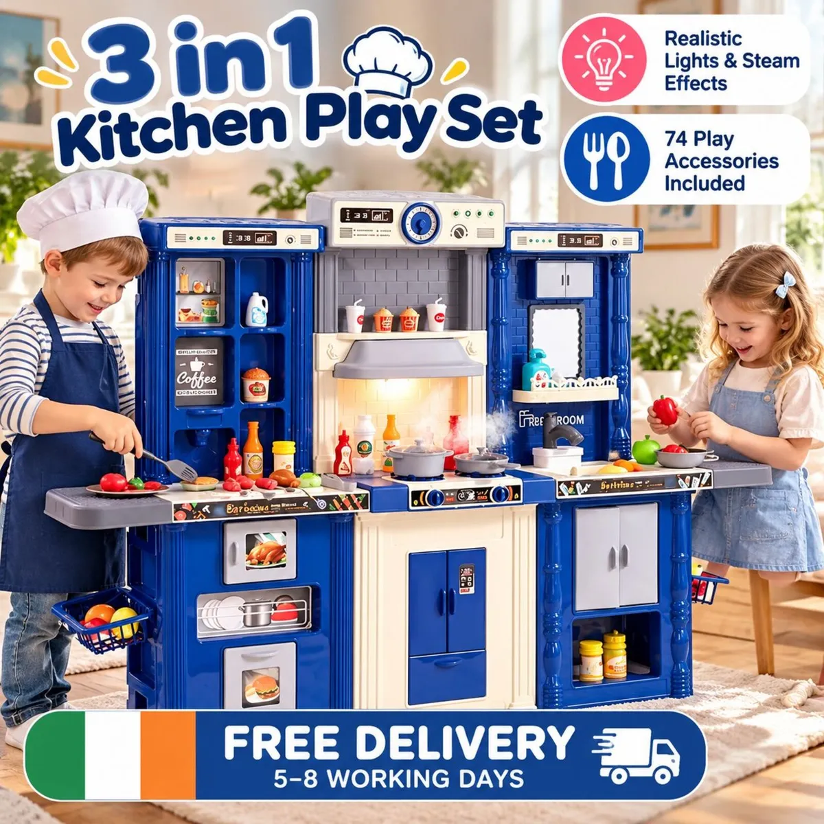 Kids 3 in 1 Play Kitchen Set with Lights, Steam - Image 1