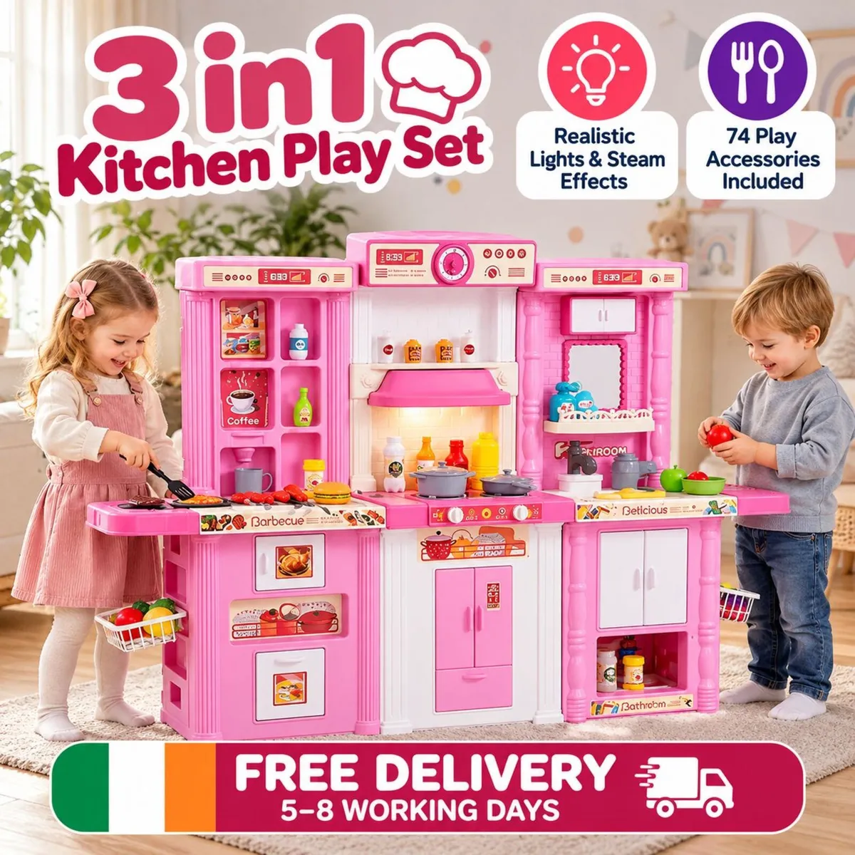 Kids 3 in 1 Play Kitchen Set with Lights, Steam - Image 2