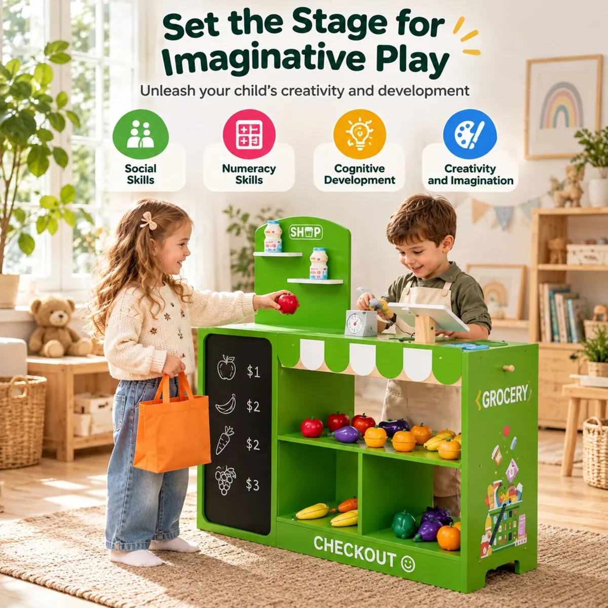 Kids Wooden Grocery Store Playset - Image 4