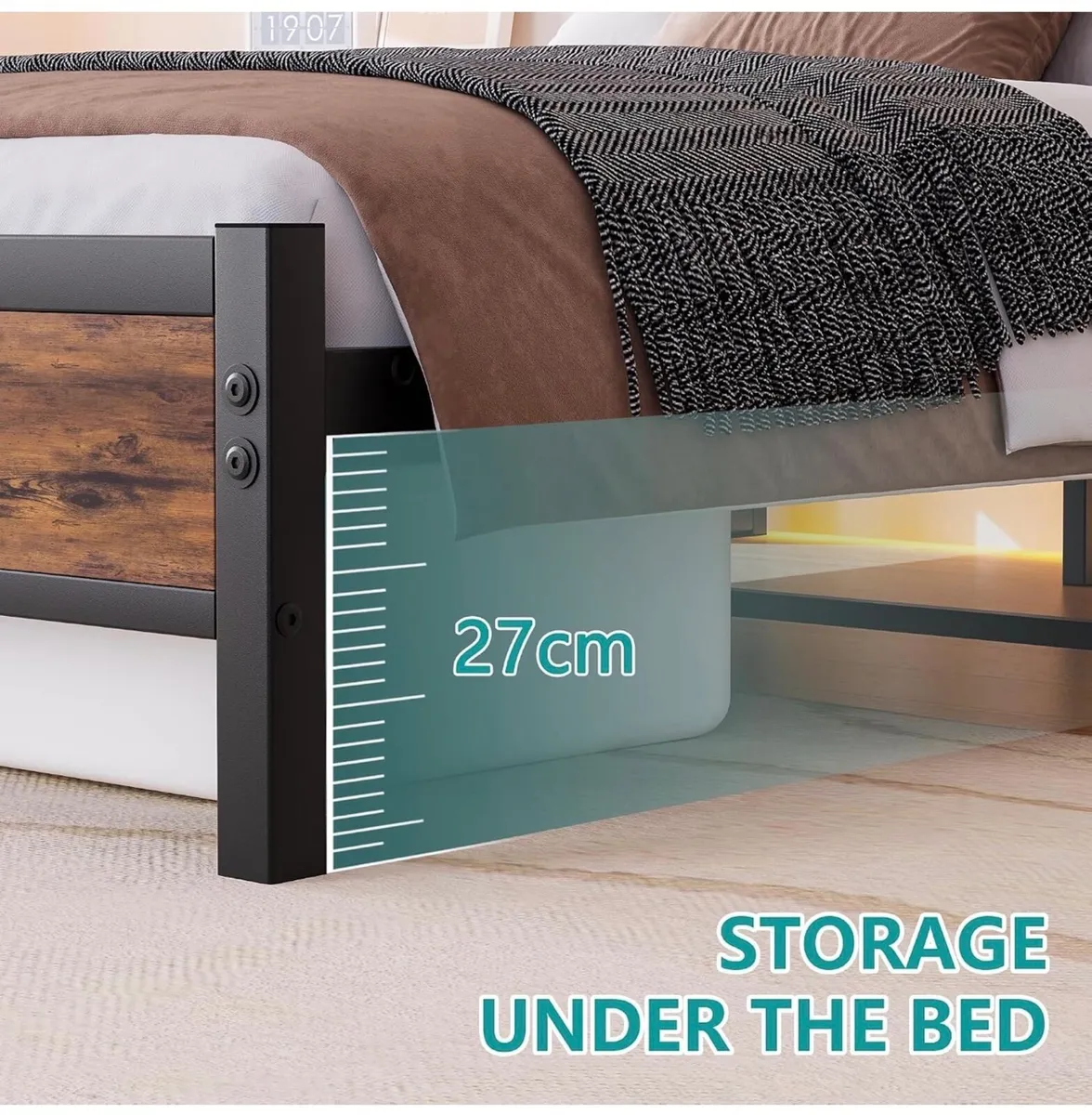 4ft6 Double Bed Frame with LED Lights&Charging Sta - Image 2