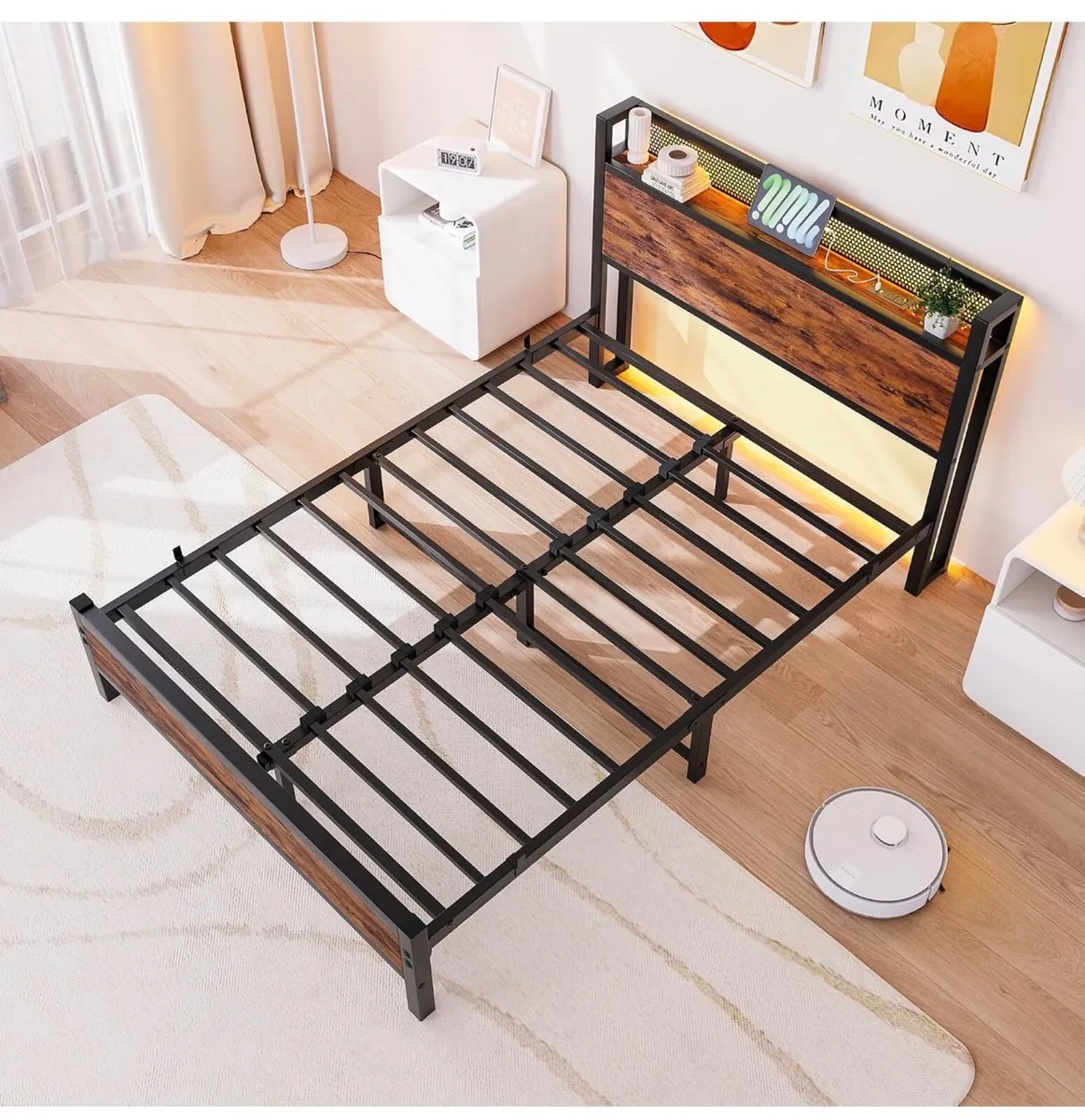 4ft6 Double Bed Frame with LED Lights&Charging Sta - Image 3