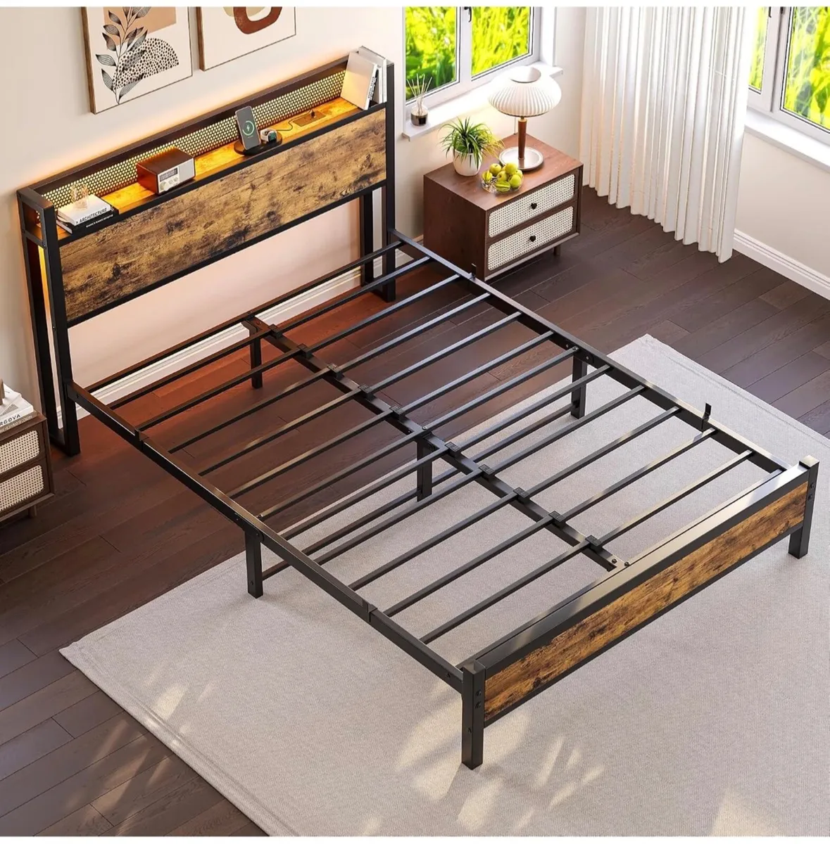 4ft6 Double Bed Frame with LED Lights&Charging Sta - Image 4