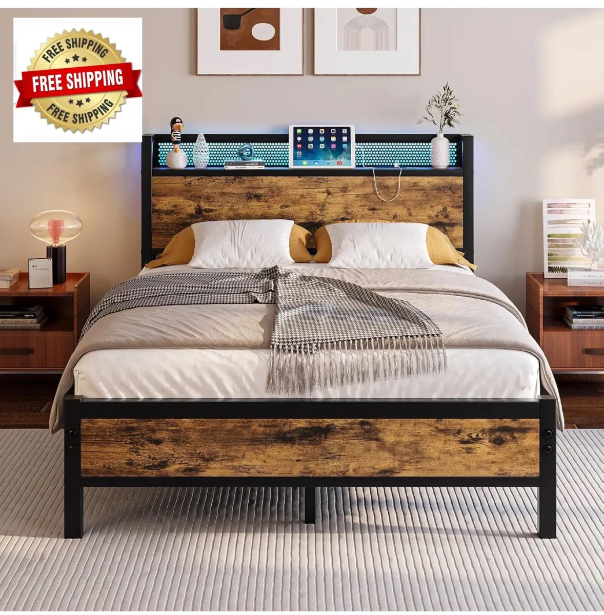 4ft6 Double Bed Frame with LED Lights&Charging Sta - Image 1