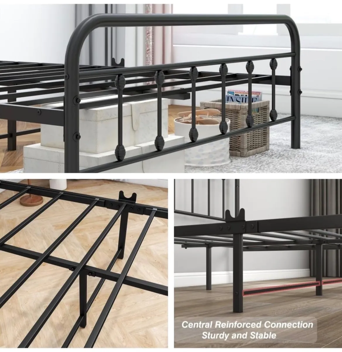Double Bed Frame with Storage and Headboard, Metal - Image 2