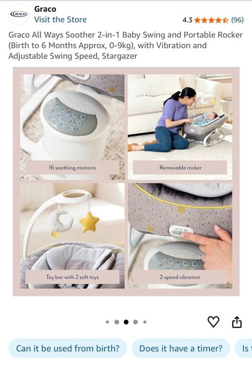Graco All Ways Soother 2-in-1 Baby Swing and Portable Rocker (Birth to 6 Months Approx, 0-9kgwith Vibration and Adjustable Swing Speed, Stargazer - Image 1