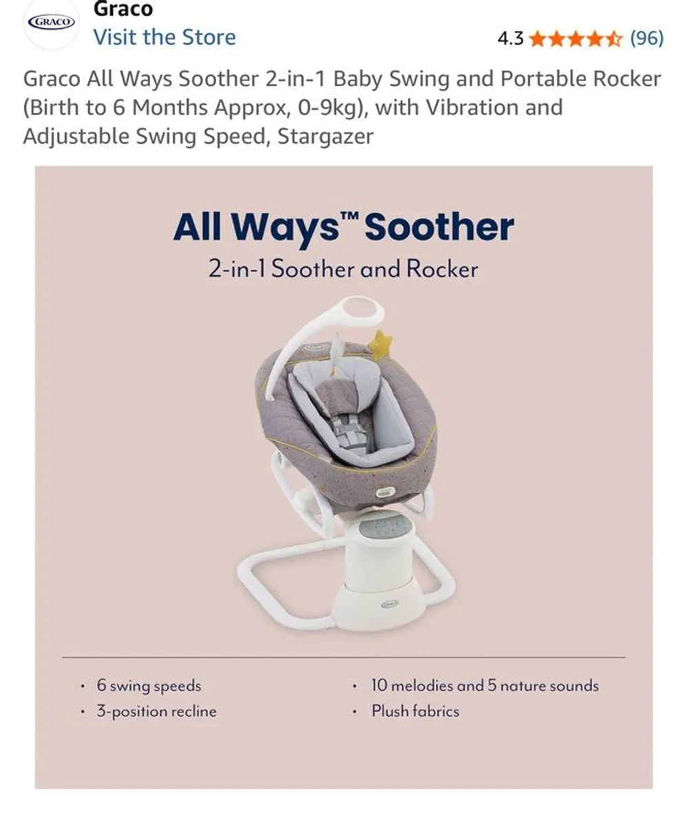 Graco All Ways Soother 2-in-1 Baby Swing and Portable Rocker (Birth to 6 Months Approx, 0-9kgwith Vibration and Adjustable Swing Speed, Stargazer - Image 2