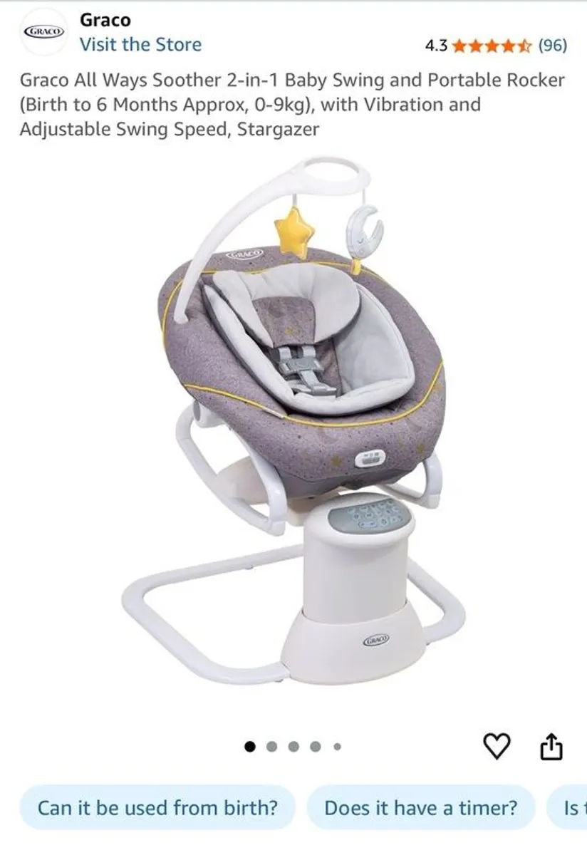Graco All Ways Soother 2-in-1 Baby Swing and Portable Rocker (Birth to 6 Months Approx, 0-9kgwith Vibration and Adjustable Swing Speed, Stargazer - Image 4