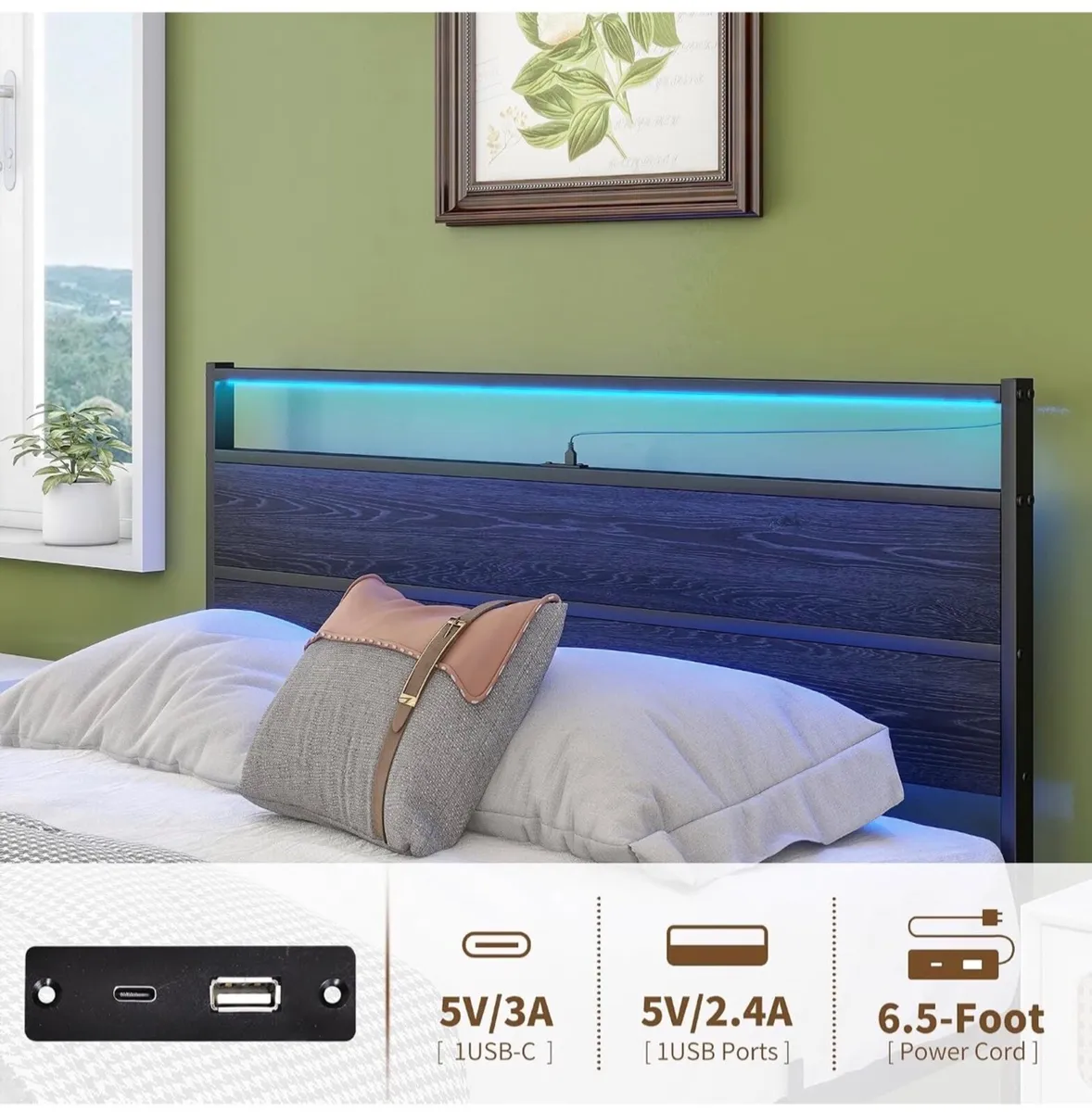 Double Bed Frame with Heaboard & LED lights,4ft6 M - Image 4