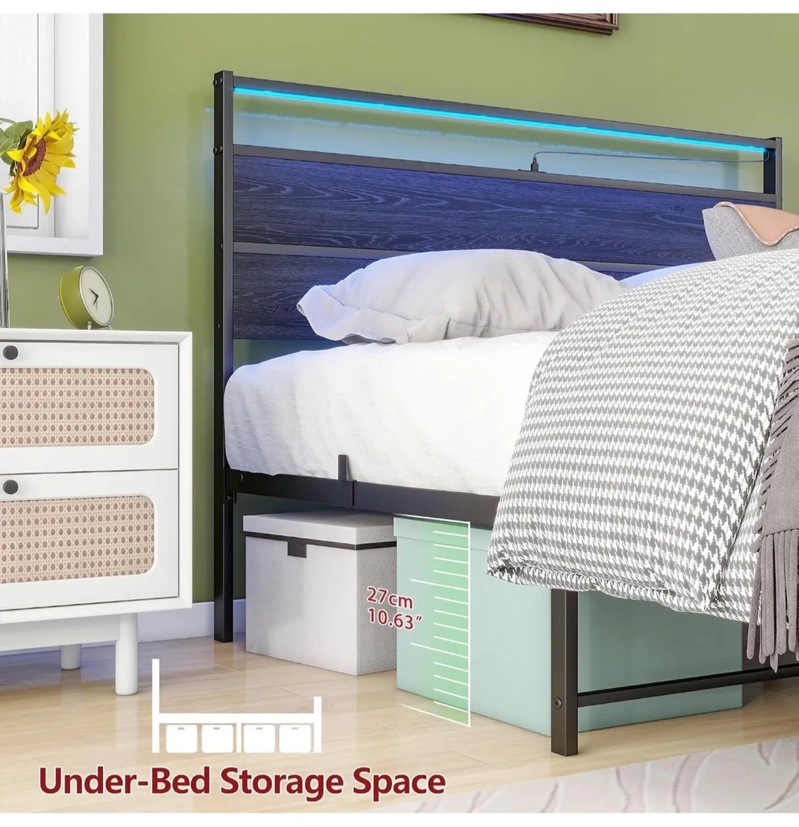 Double Bed Frame with Heaboard & LED lights,4ft6 M - Image 3
