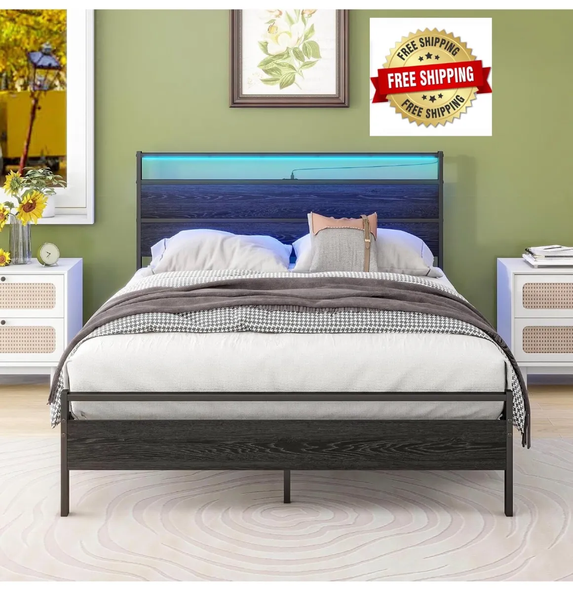 Double Bed Frame with Heaboard & LED lights,4ft6 M - Image 1