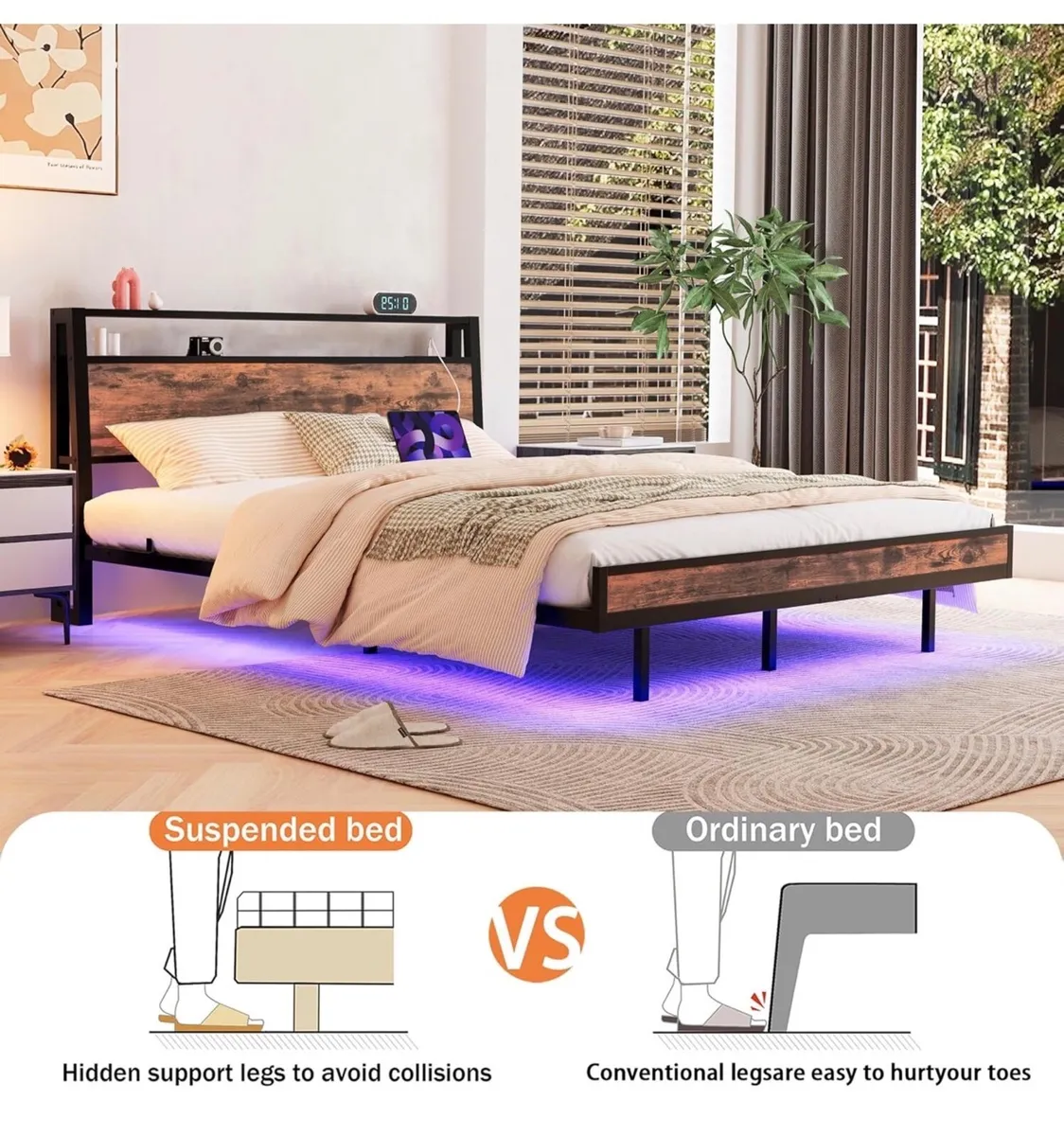 Double Size Floating Bed Frame with Wooden Headboa - Image 2