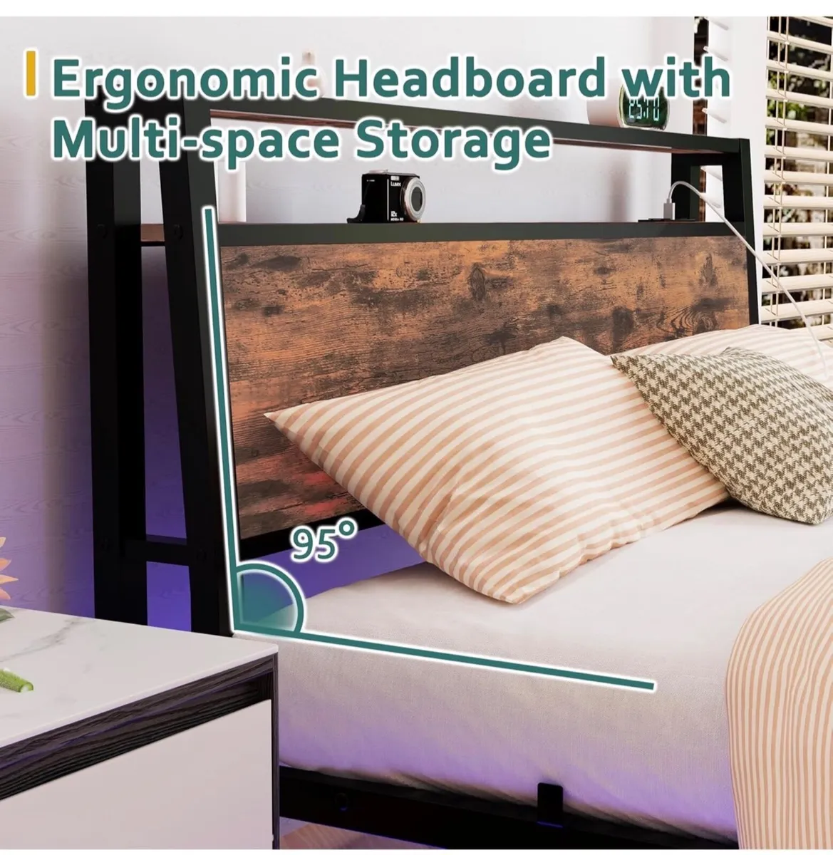 Double Size Floating Bed Frame with Wooden Headboa - Image 3