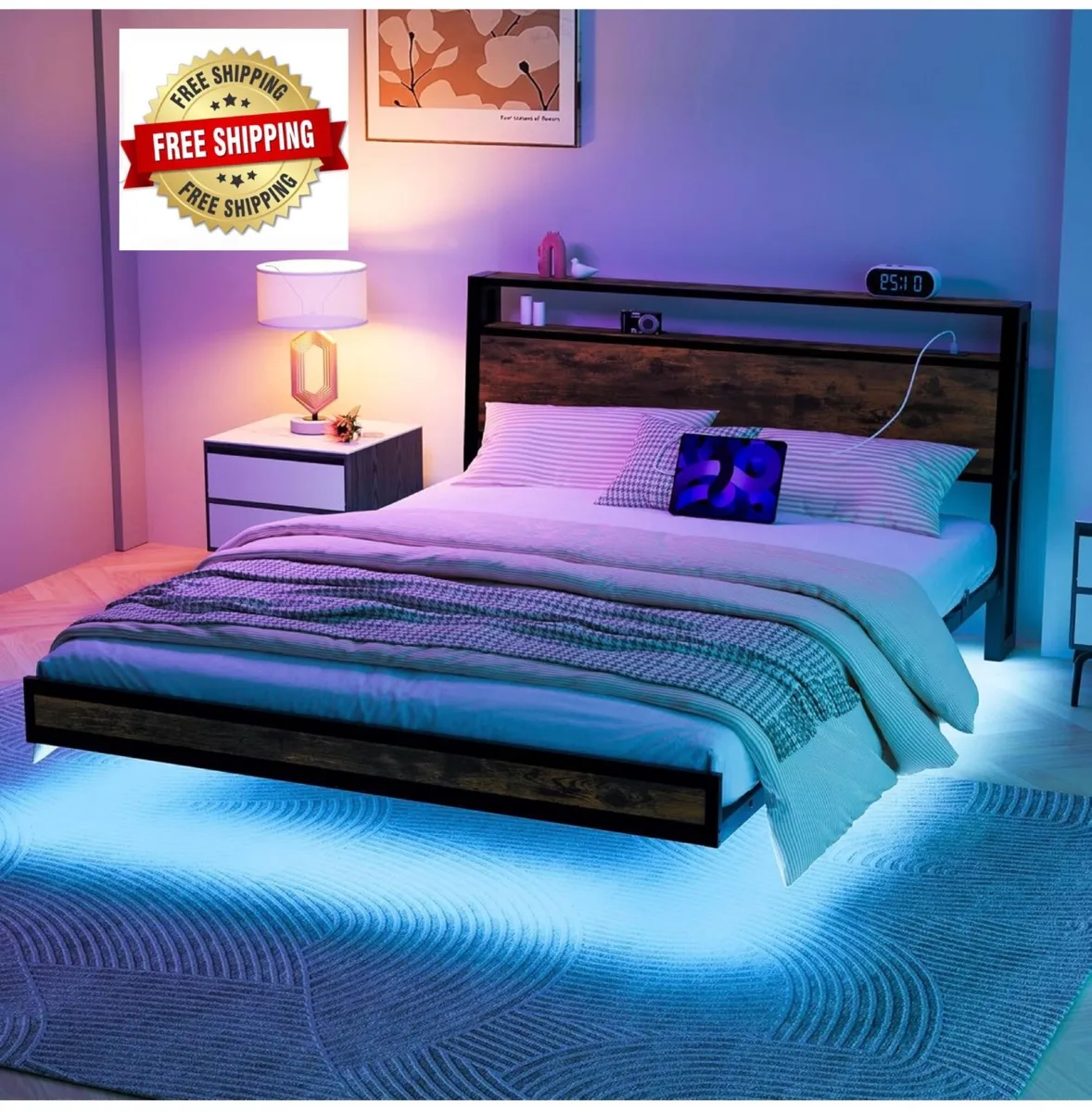 Double Size Floating Bed Frame with Wooden Headboa - Image 1
