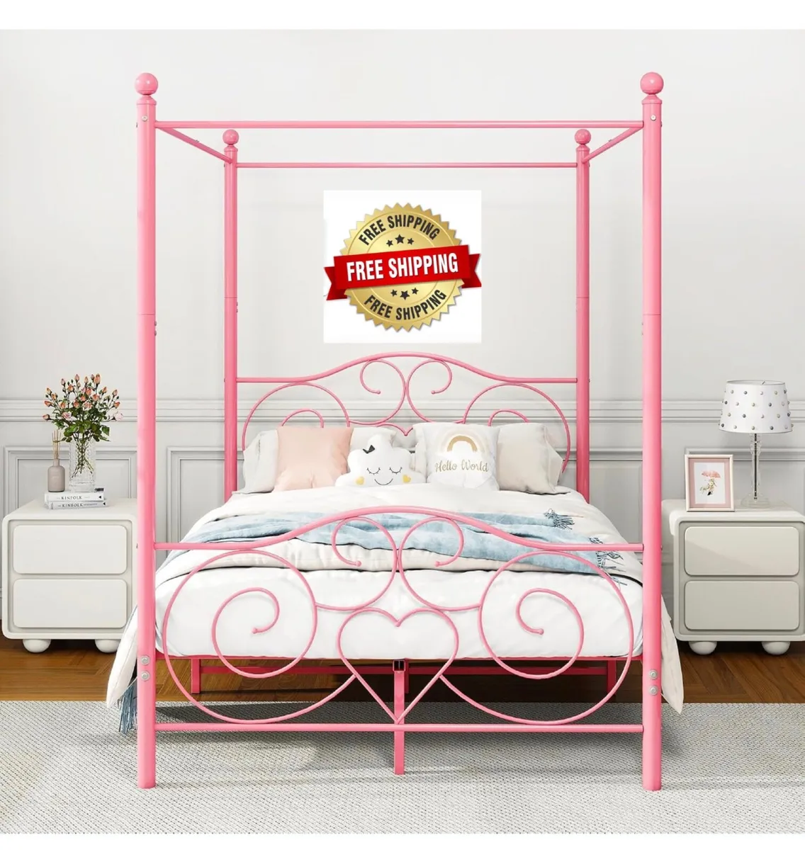 Double Canopy Bed Frame with Vintage Headboard & F - Image 1