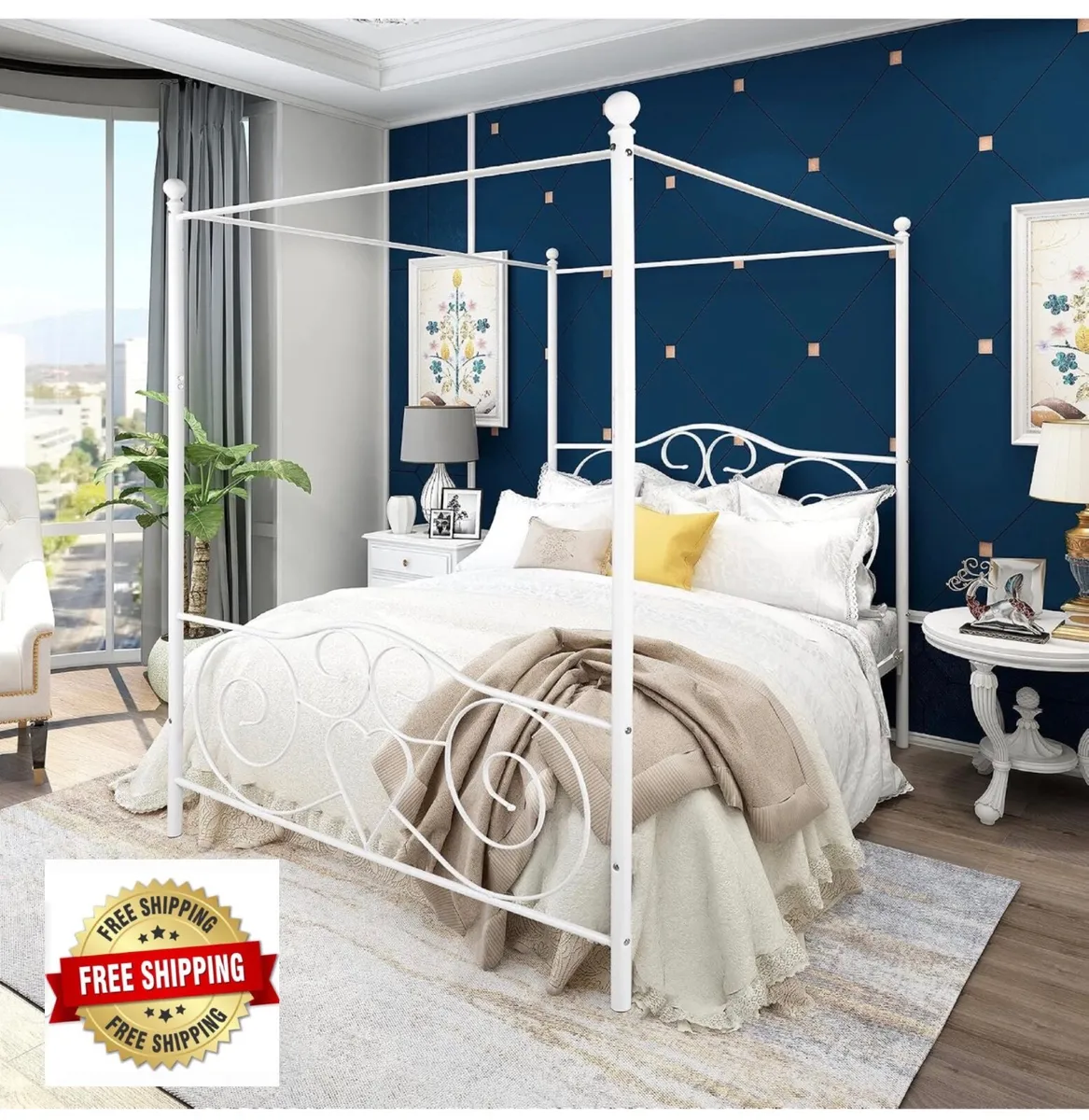 Double Canopy Bed Frame with Vintage Headboard & F - Image 1