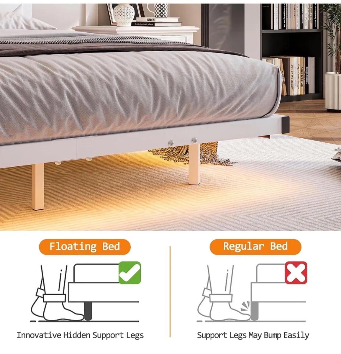 4ft6 Floating Double Bed Frame Upholstered Platfor - Image 2