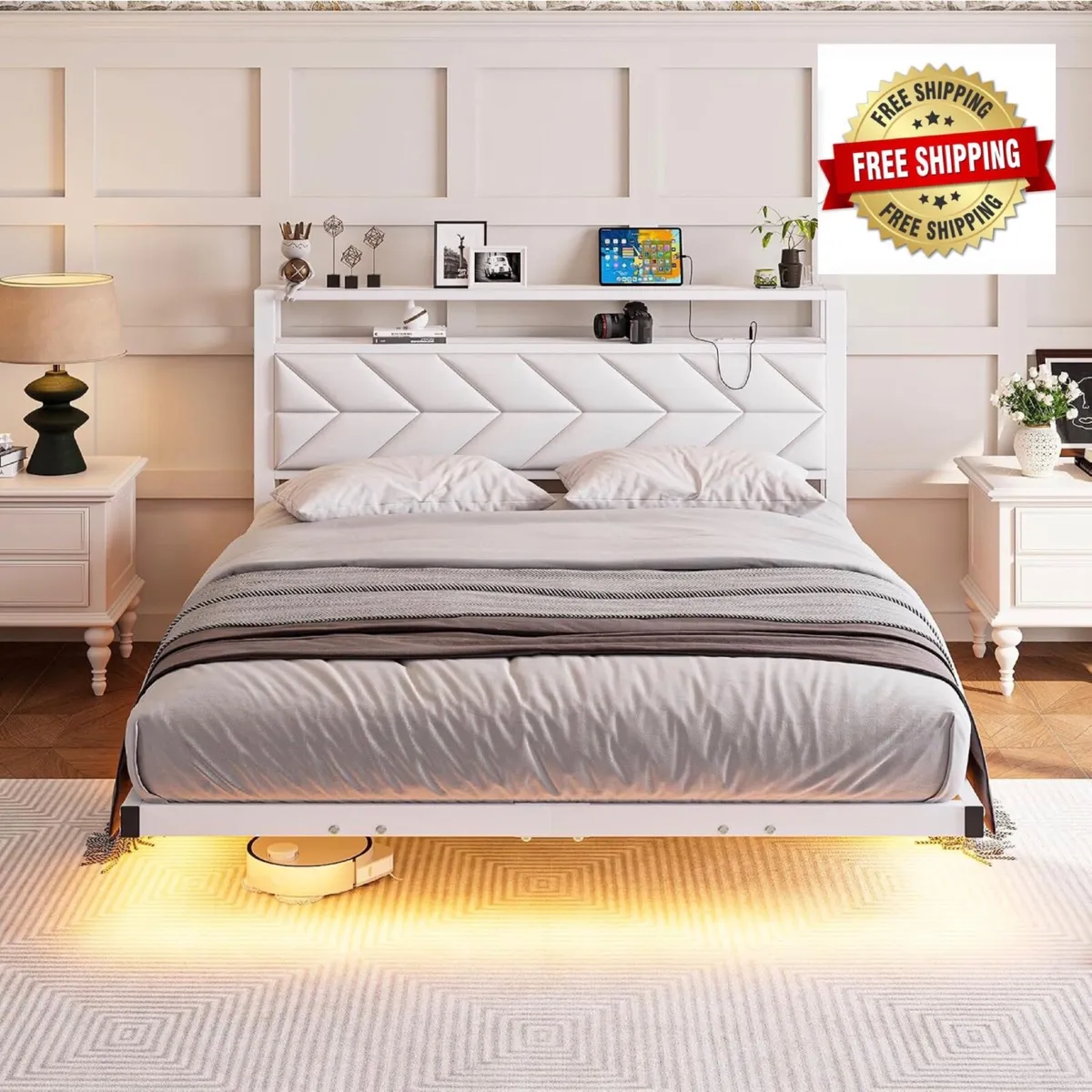 4ft6 Floating Double Bed Frame Upholstered Platfor - Image 1