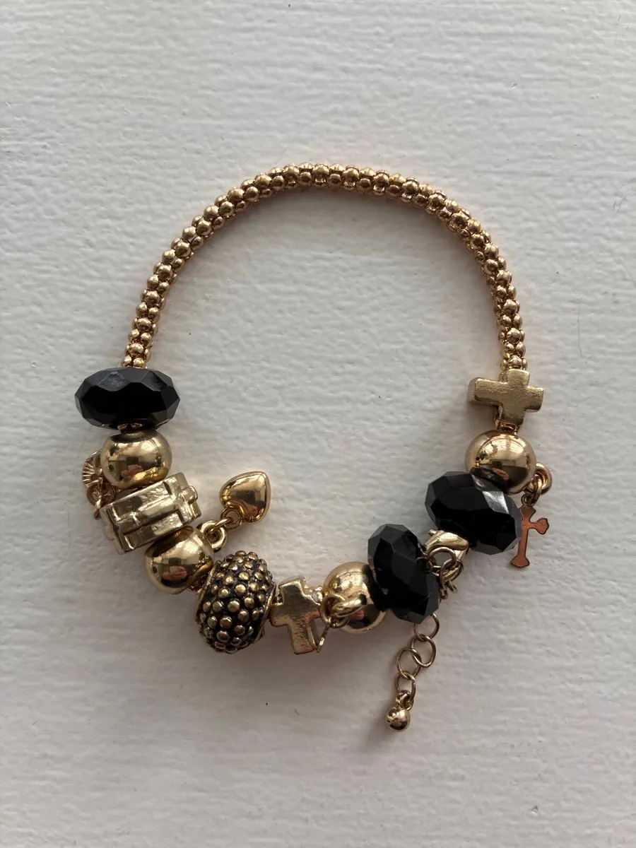 Gold & Black Religious Cross Dangle Charm Beaded B
