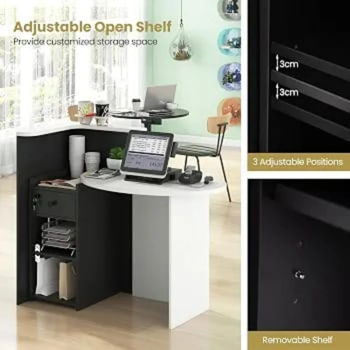 Reception Desk, Front Counter Desk with Lockable D - Image 2