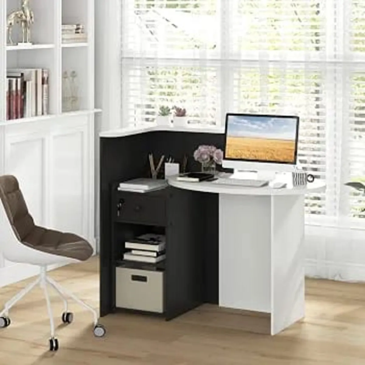 Reception Desk, Front Counter Desk with Lockable D - Image 3