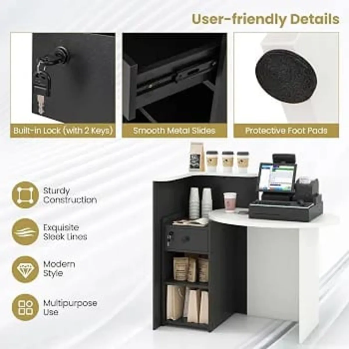 Reception Desk, Front Counter Desk with Lockable D - Image 4