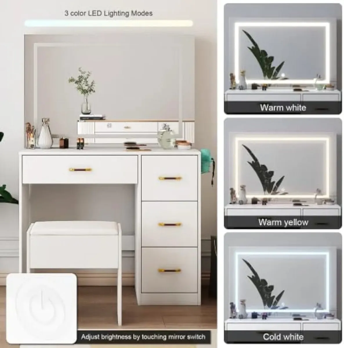 Dressing Table with Sliding Mirror & Stool Set, Wh - Image 3