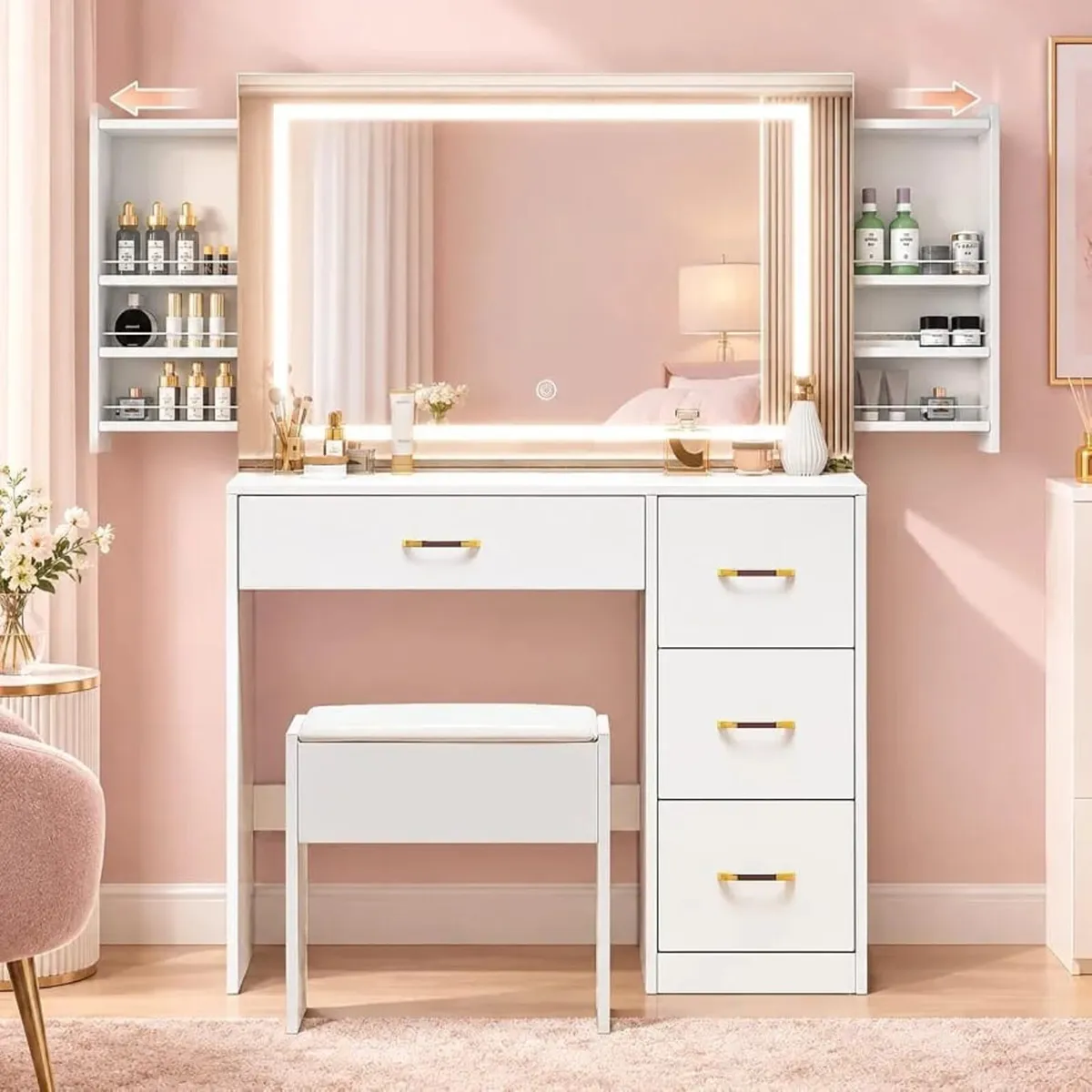Dressing Table with Sliding Mirror & Stool Set, Wh - Image 1