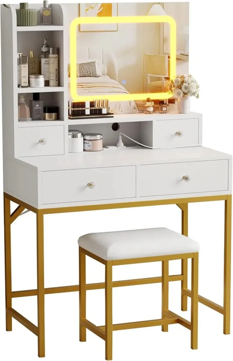 Dressing Table with LED Mirror & Power Outlet, Van - Image 1