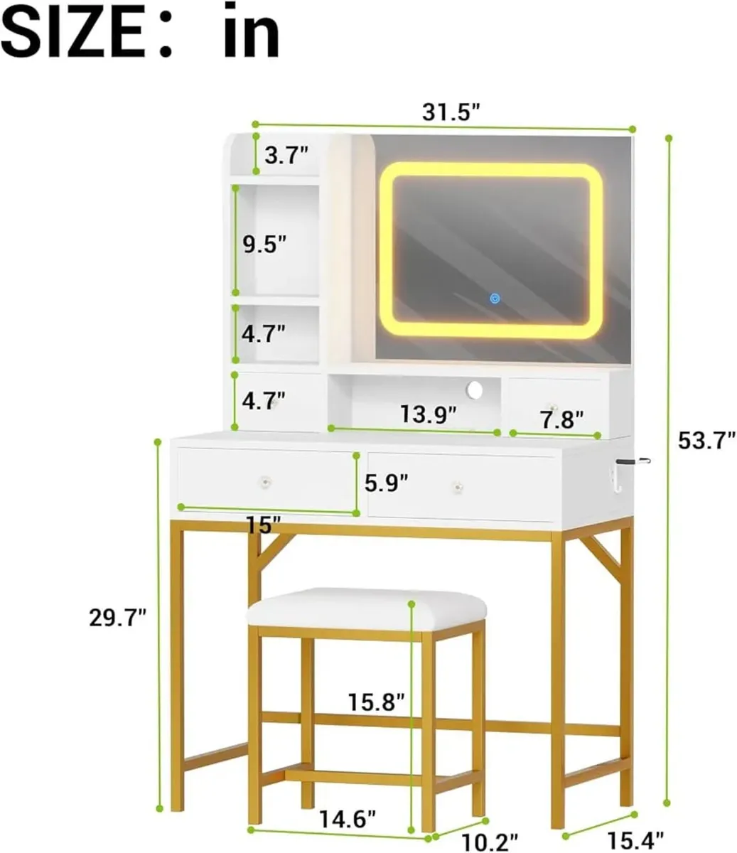 Dressing Table with LED Mirror & Power Outlet, Van - Image 2