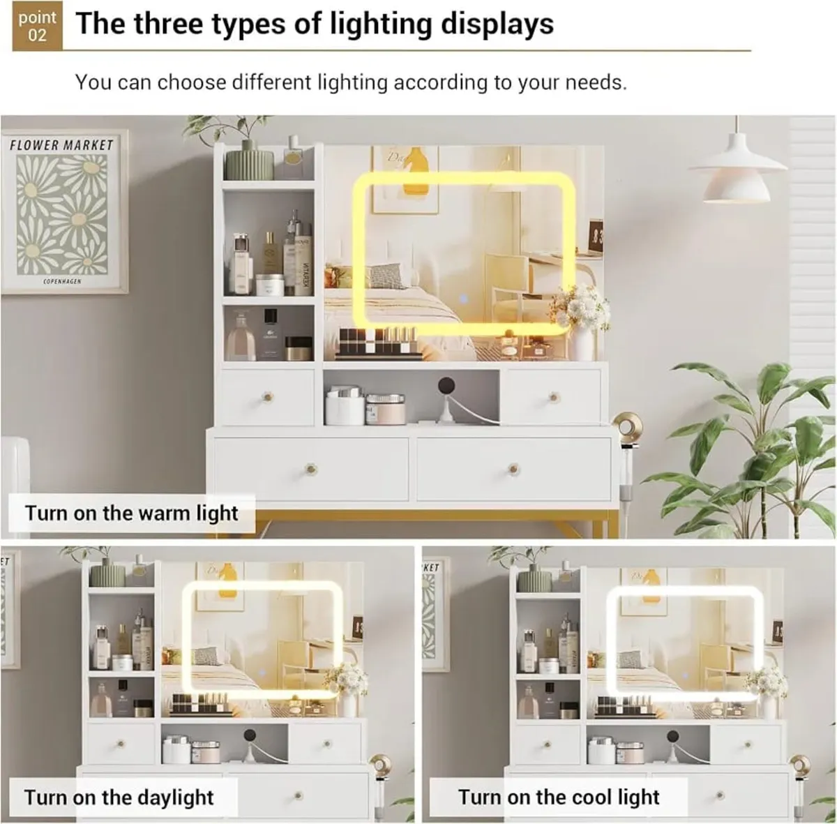 Dressing Table with LED Mirror & Power Outlet, Van - Image 3