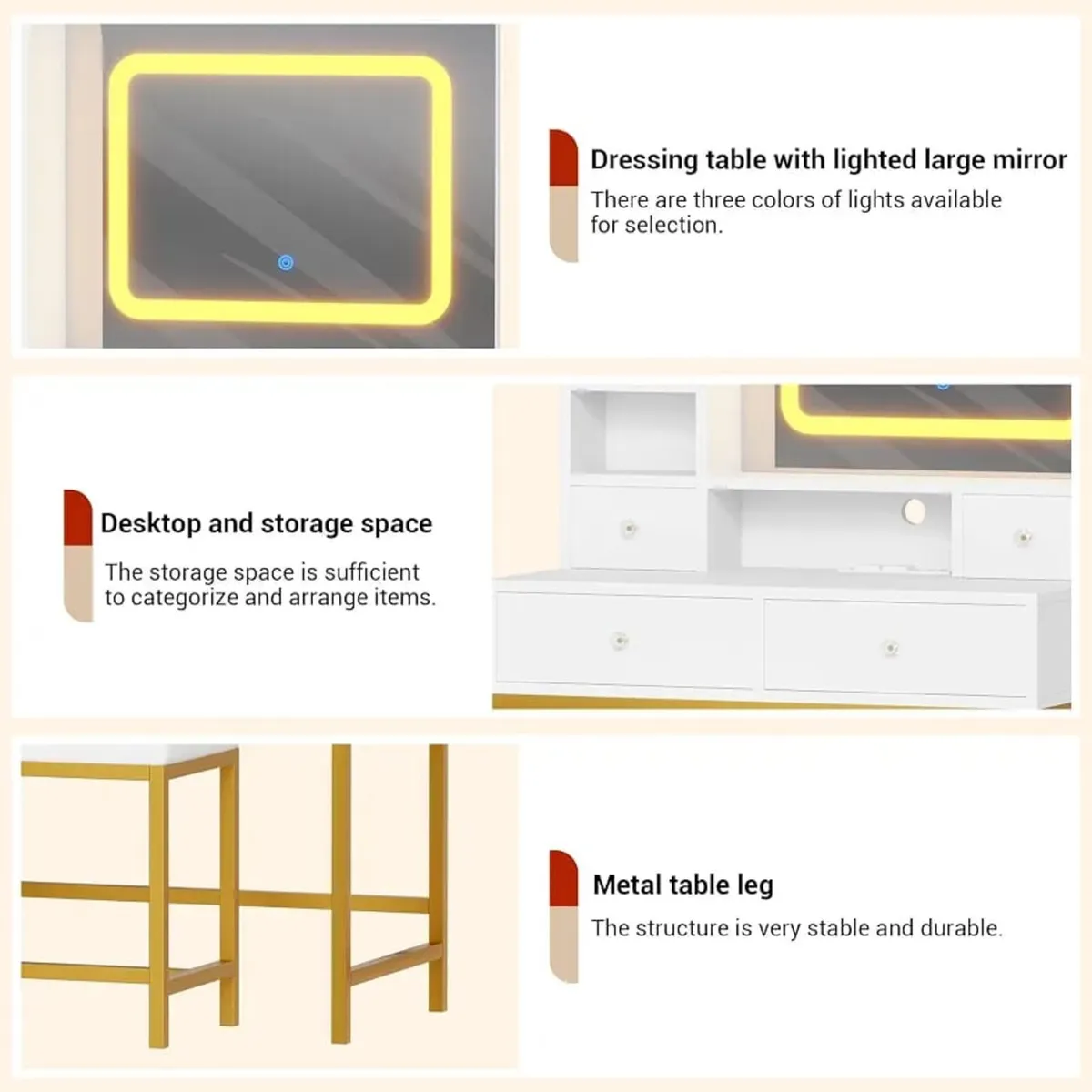 Dressing Table with LED Mirror & Power Outlet, Van - Image 4