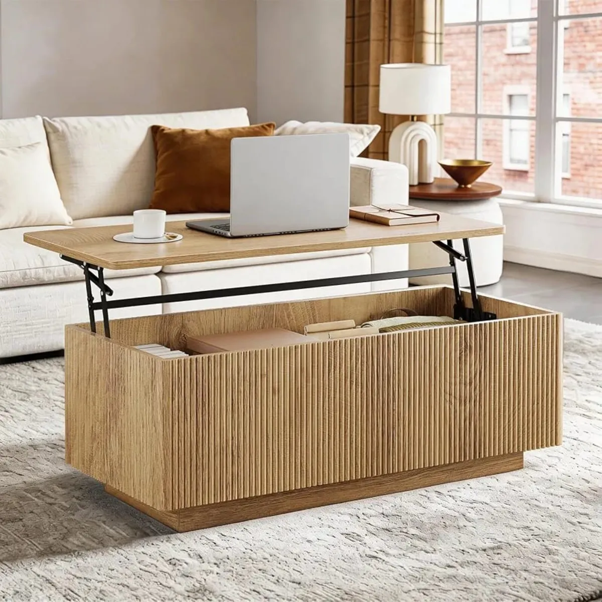 Wood Lift Top Fluted Coffee Table with Hidden Stor - Image 1