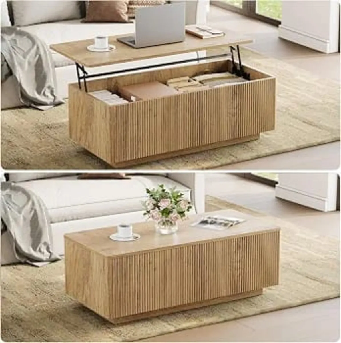 Wood Lift Top Fluted Coffee Table with Hidden Stor - Image 2