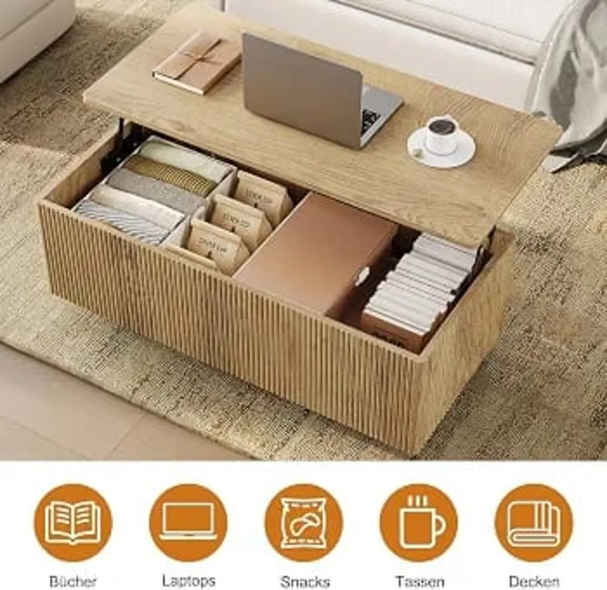 Wood Lift Top Fluted Coffee Table with Hidden Stor - Image 3