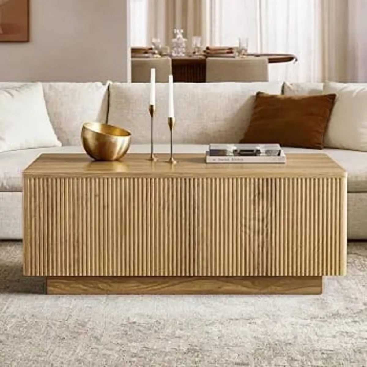 Wood Lift Top Fluted Coffee Table with Hidden Stor - Image 4