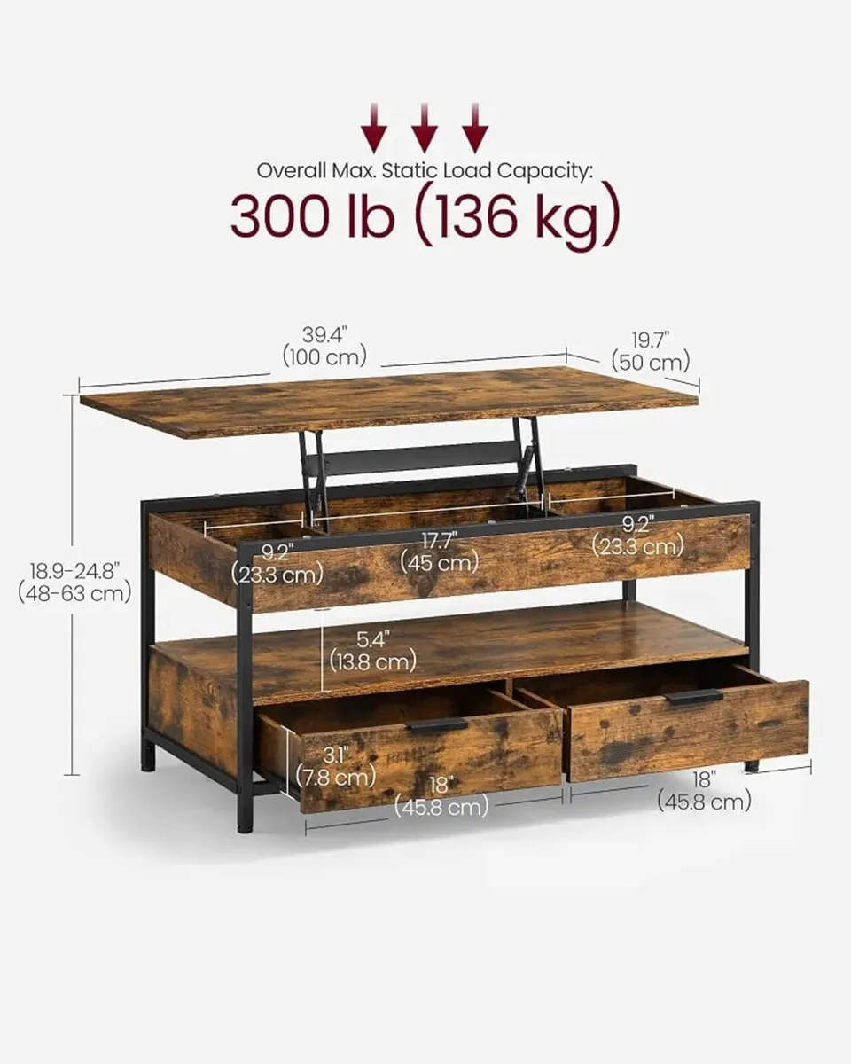 Lift Top Coffee Table, with Storage Drawers, Hidde - Image 4