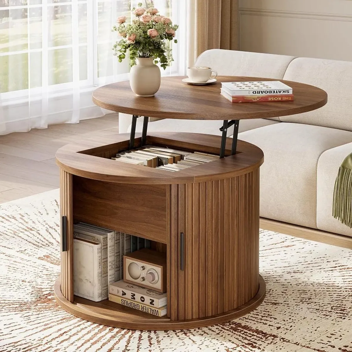 Round Lift Top Coffee Table, 60cm Fluted Drum Coff - Image 1
