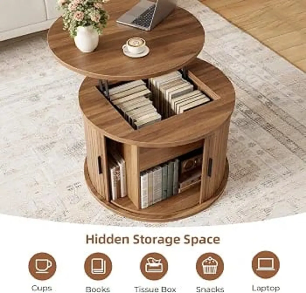 Round Lift Top Coffee Table, 60cm Fluted Drum Coff - Image 2