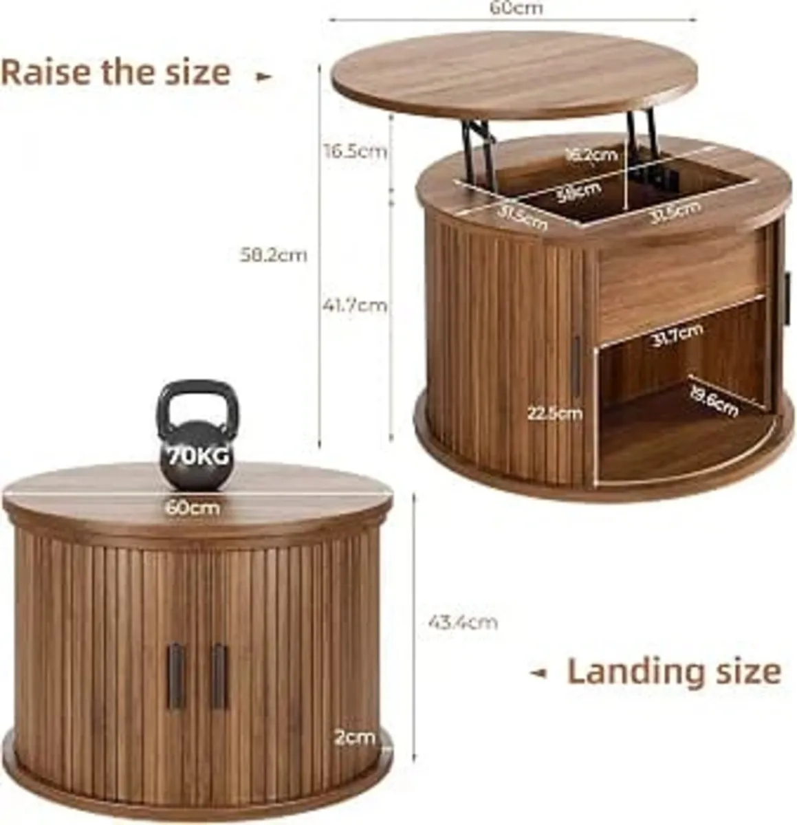Round Lift Top Coffee Table, 60cm Fluted Drum Coff - Image 4
