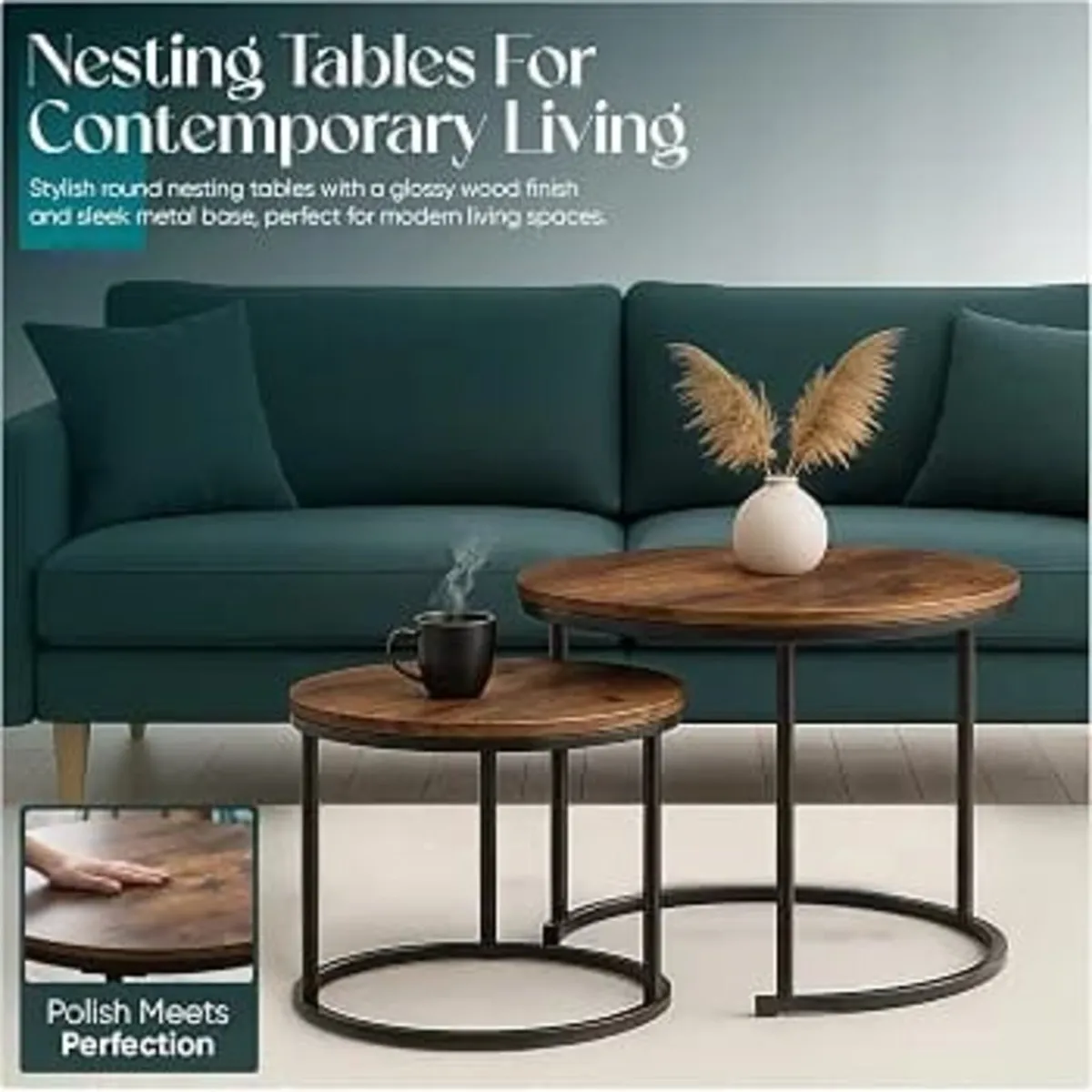 Round Nesting Coffee Table Set - Wooden Nest of Ta - Image 3
