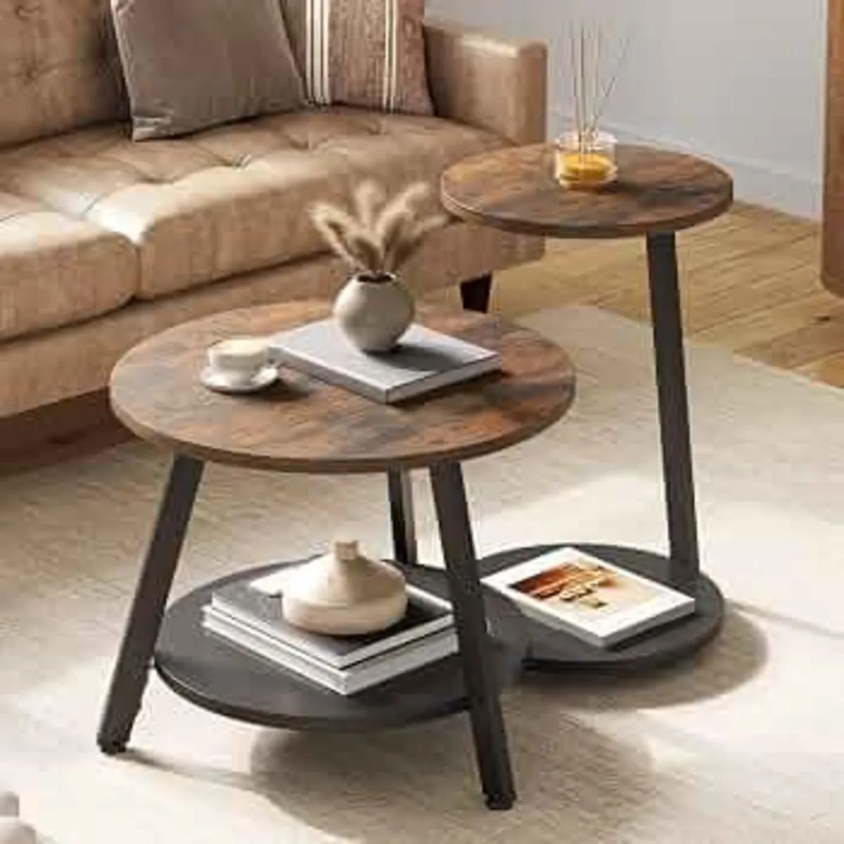 Round Coffee Tables, Set of 2 Nesting Tables with - Image 2