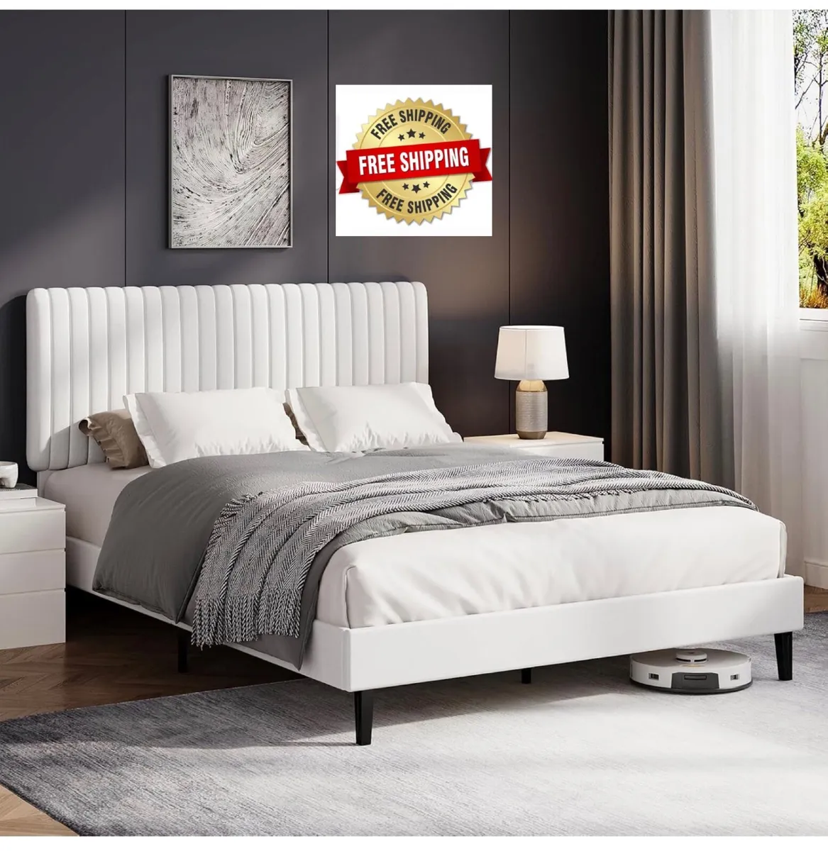 Double Bed Frame with Headboard, 135 X 190, White - Image 1