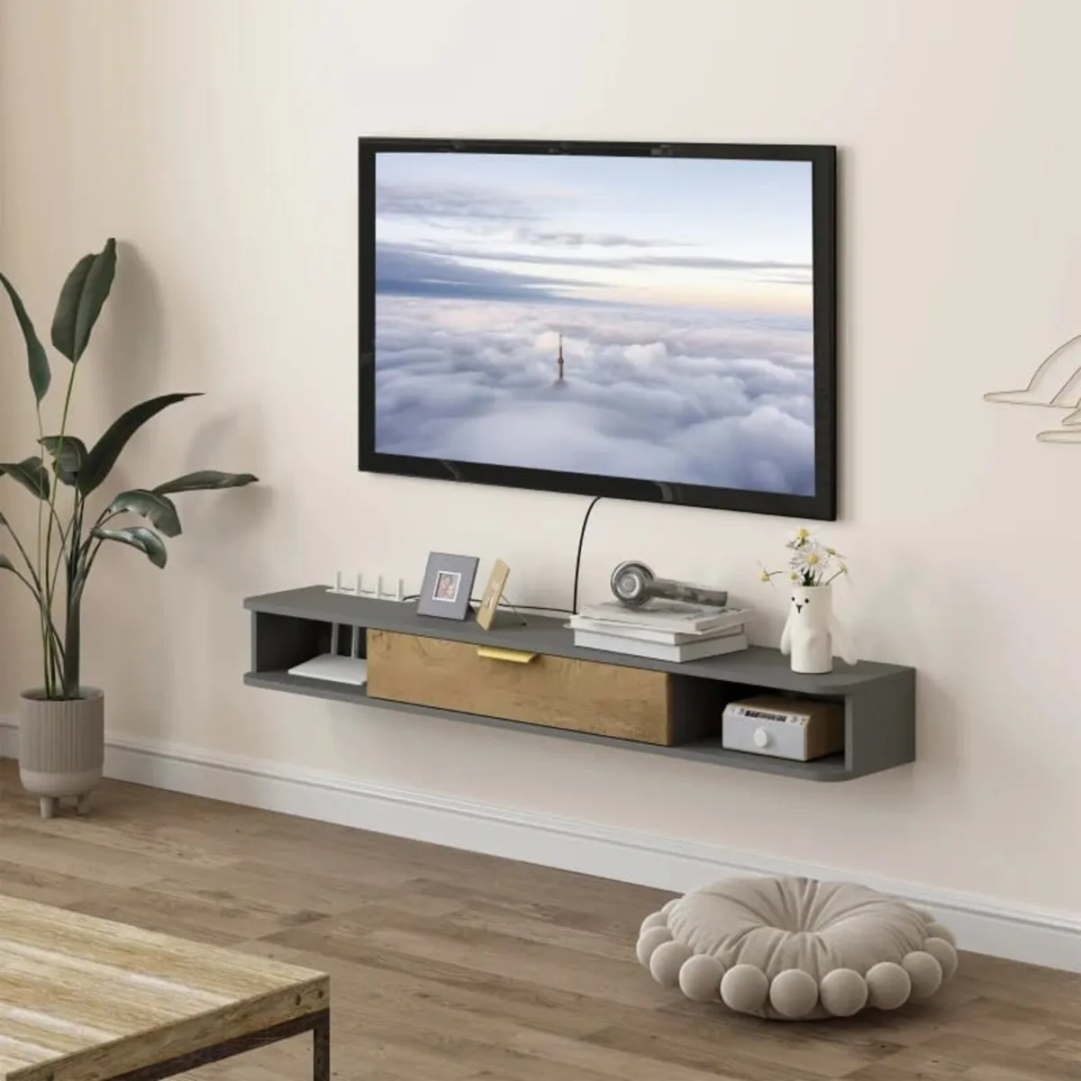 140 cm Floating TV Stand with Storage - Charcoal G - Image 3