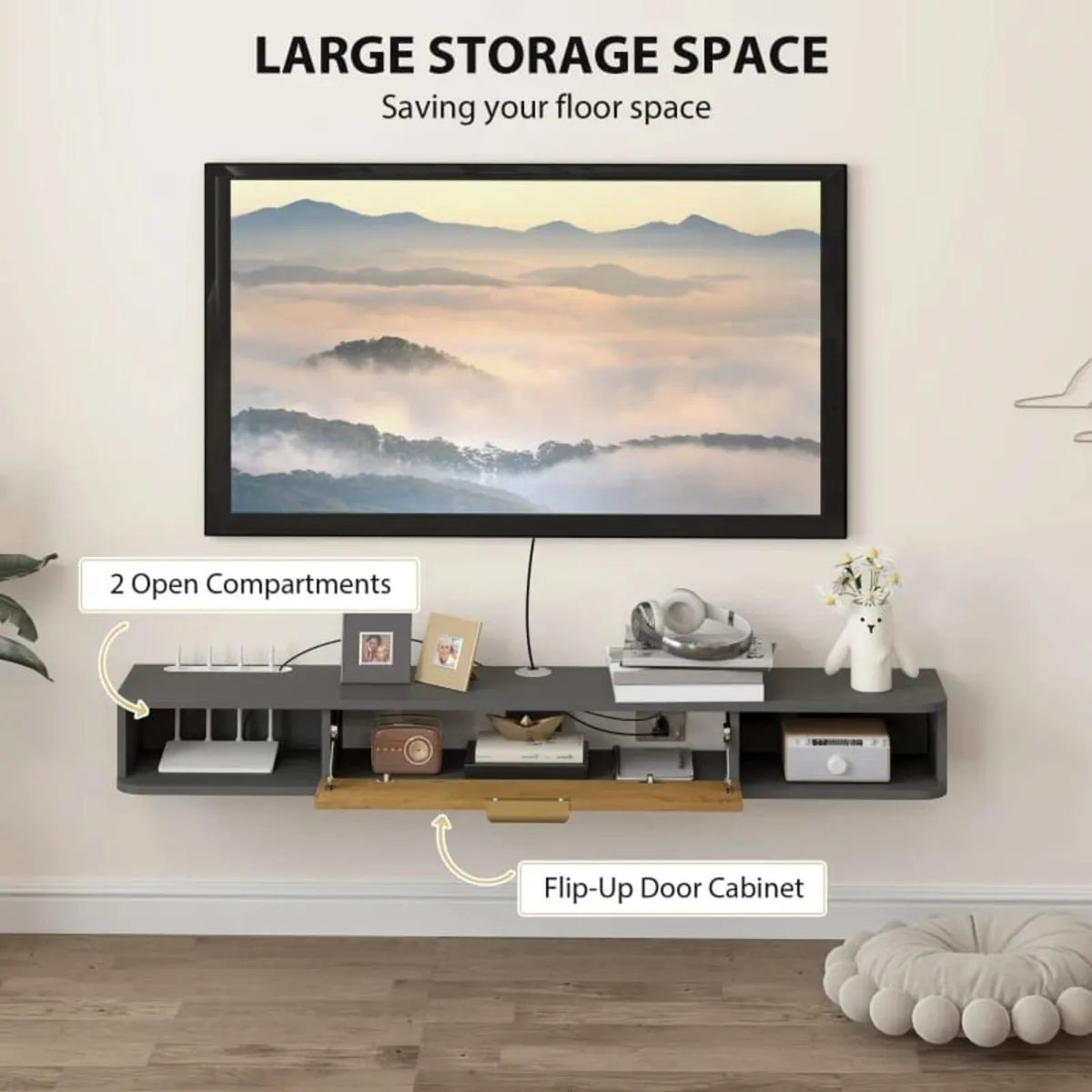 140 cm Floating TV Stand with Storage - Charcoal G - Image 2
