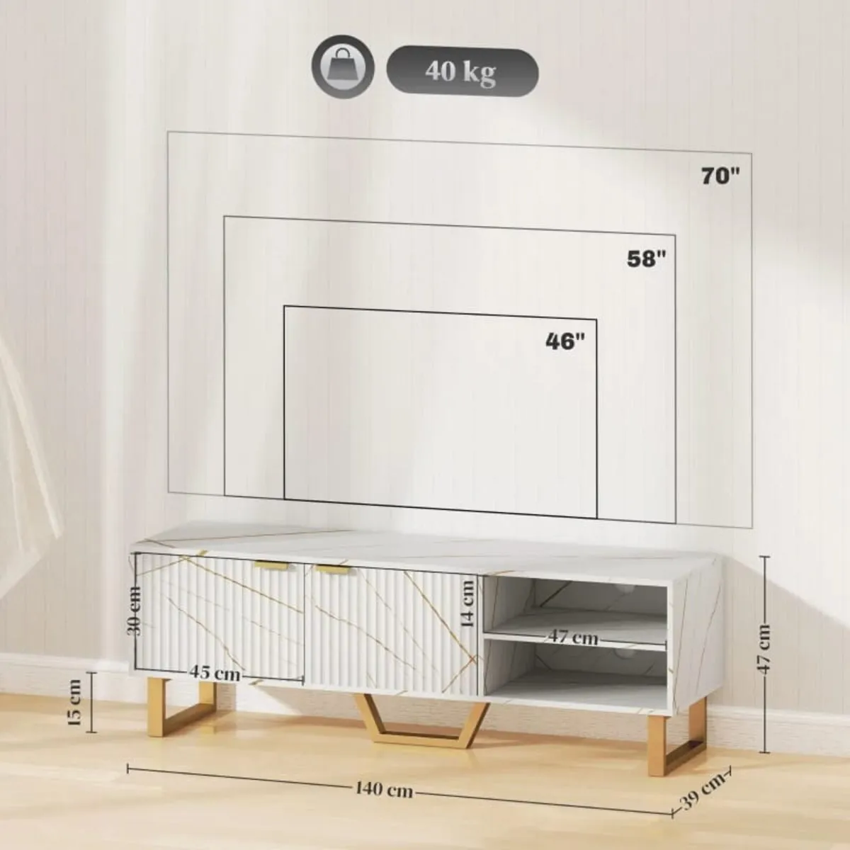 Marble Effect TV Unit, TV Stand Cabinet for up to - Image 2