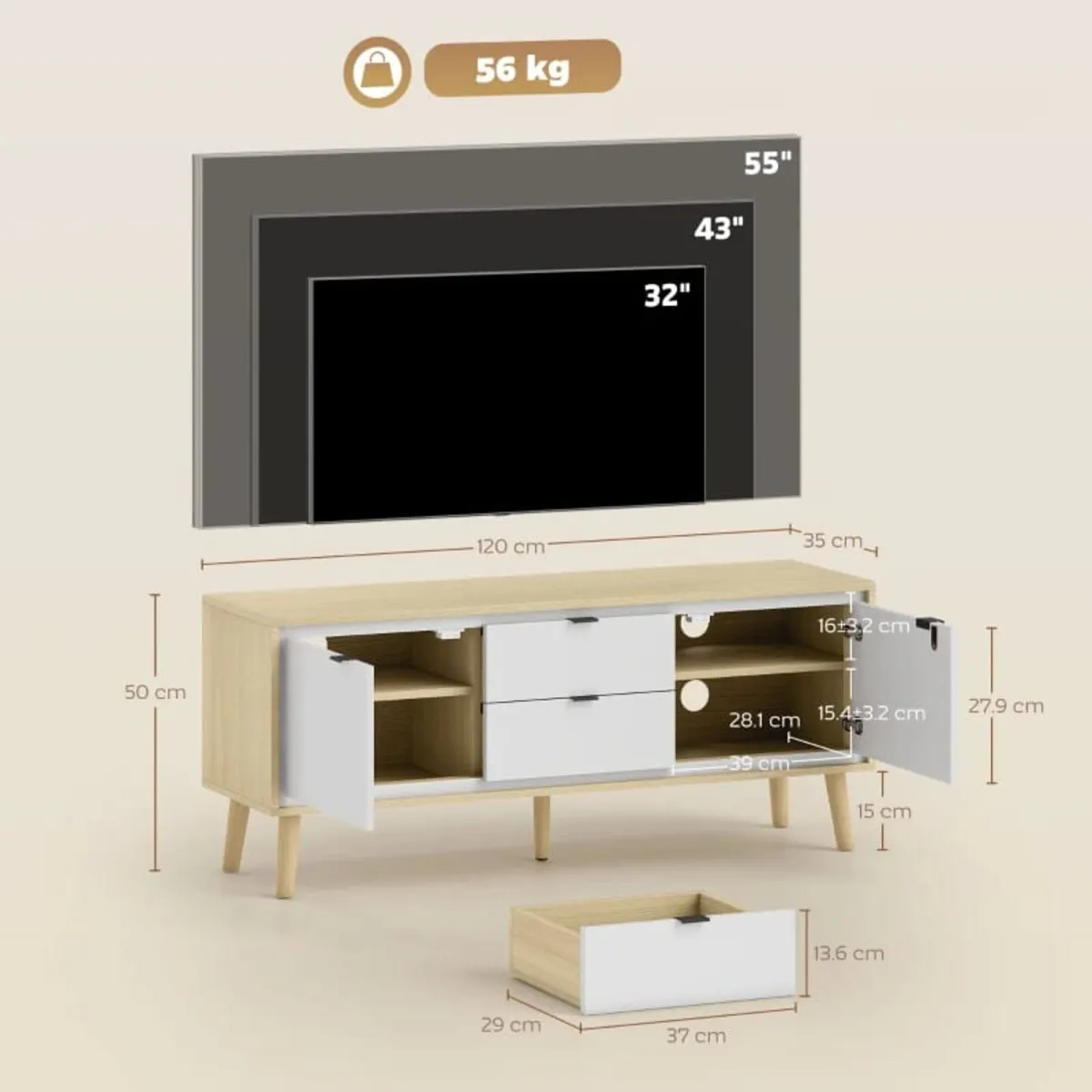 TV Stand, TV Cabinet for up to 55 inches, 2 High G - Image 2