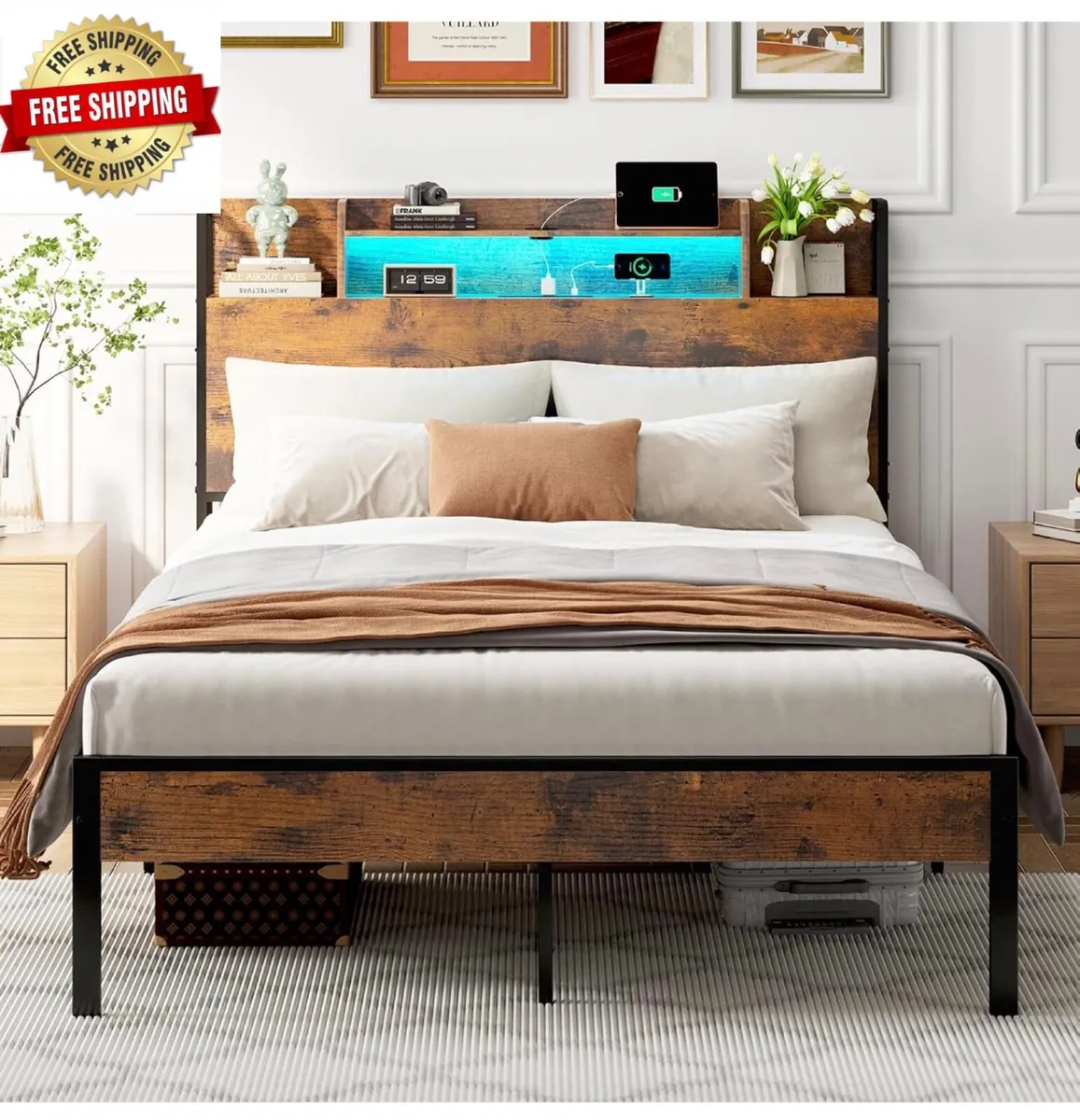Double Bed Frame with Charging Station(2AC, 2USB) - Image 1