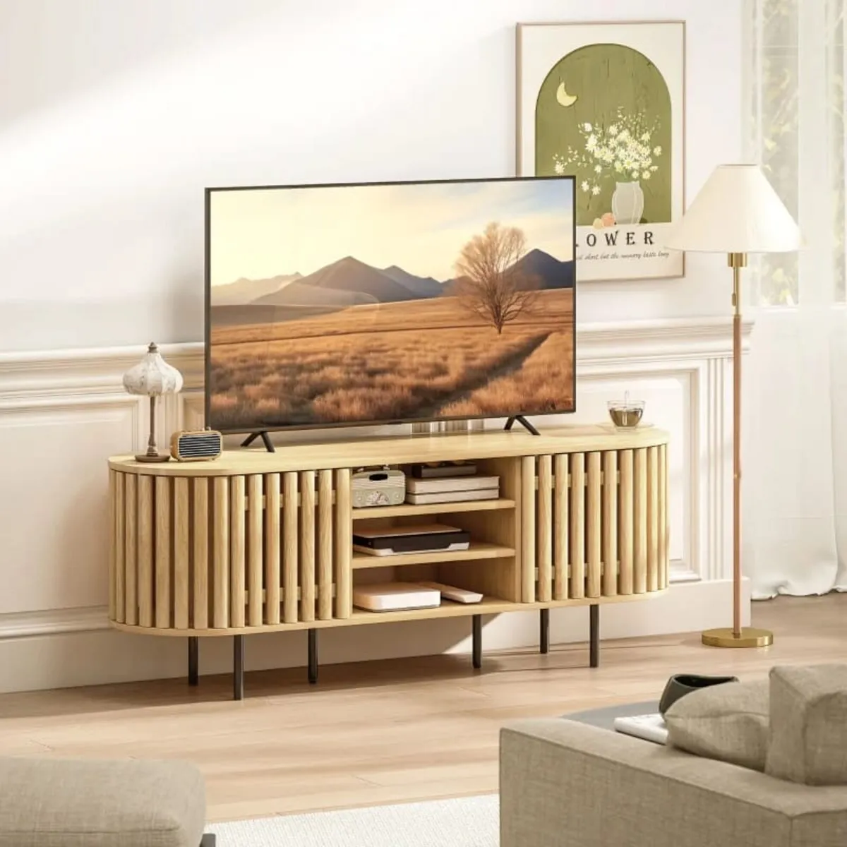 TV stand, TV cabinet for 152.4 cm TV, 2 slatted do - Image 3