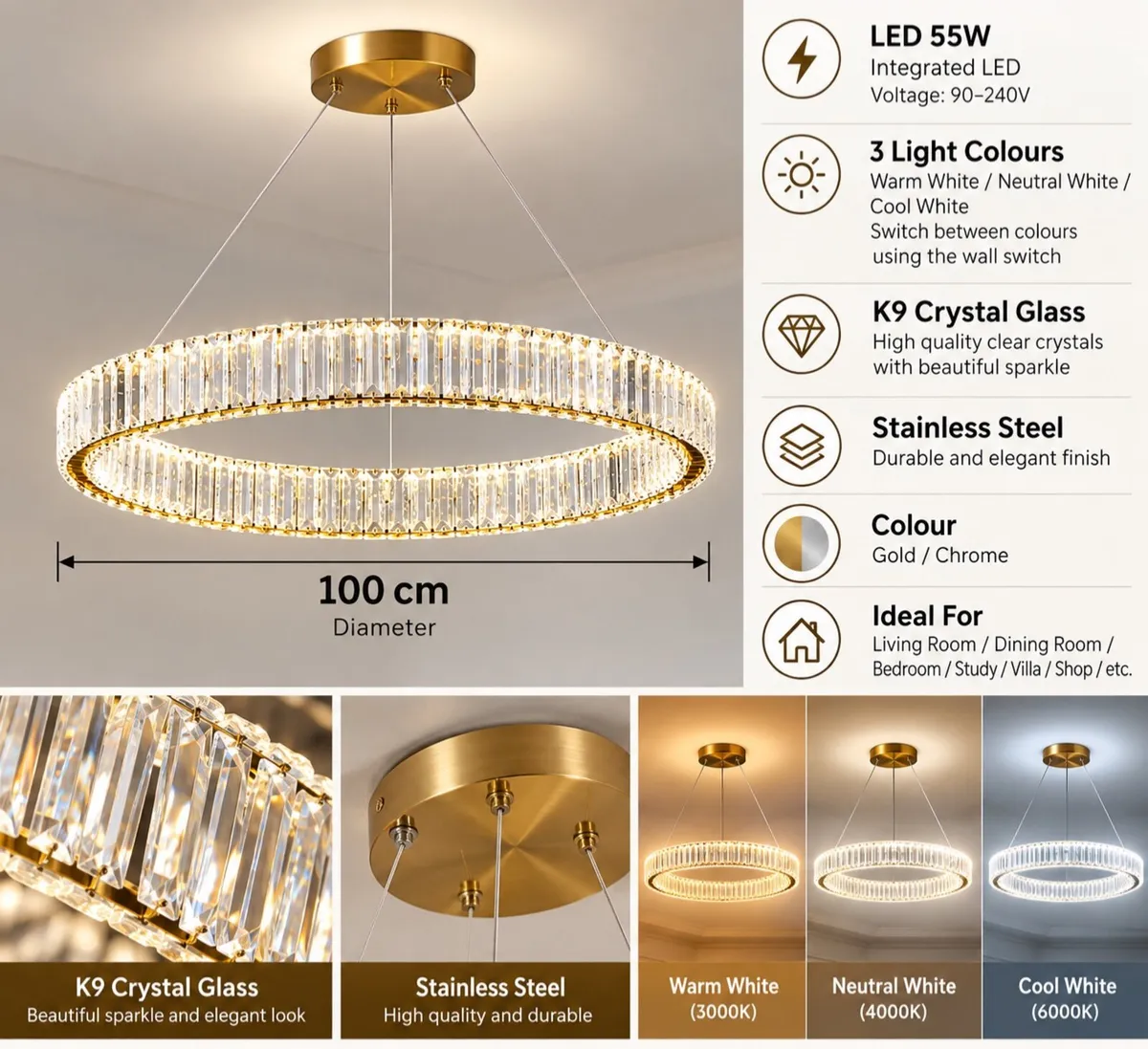 Luxury K9 Crystal LED Chandelier 100cm - New Unuse - Image 2