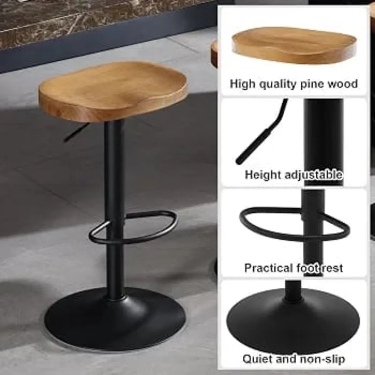 Breakfast Bar Stools Set of 2, Swivel Solid Wood S - Image 3